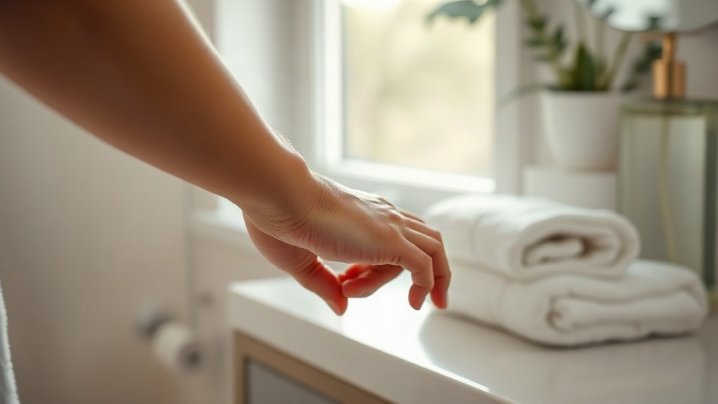close-up photograph of a person's wrist and hand, fingertips gently touching the inside of the wrist as if applying