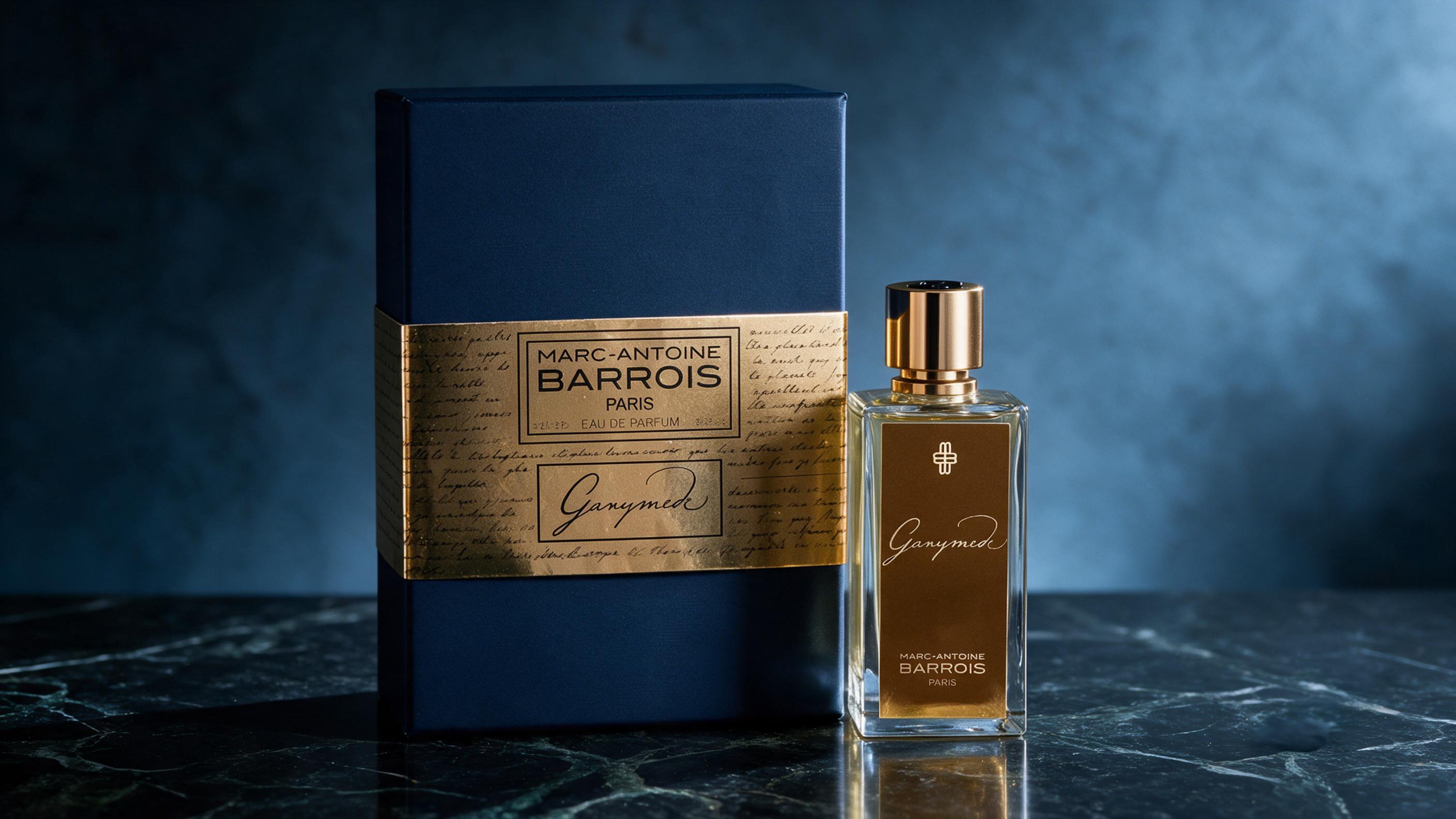 elegant studio product photo of a minimalist black perfume bottle with a dark round metallic cap, bottle labeled subtly
