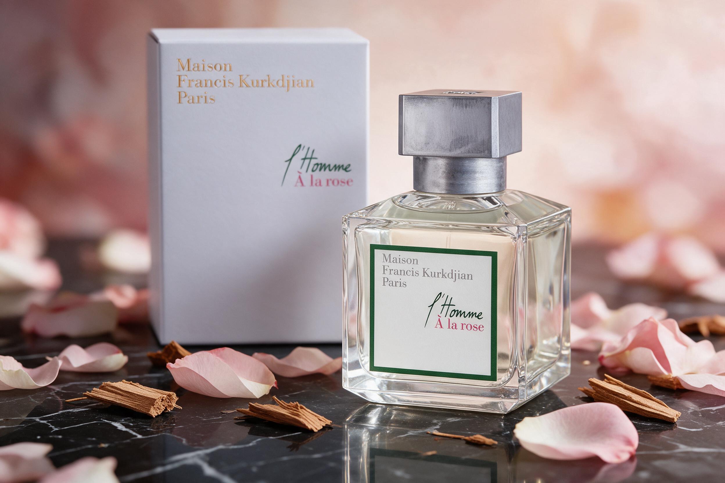 Elegant luxury perfume bottle with a soft rose-gold cap standing on dark polished marble, scattered pink rose petals and