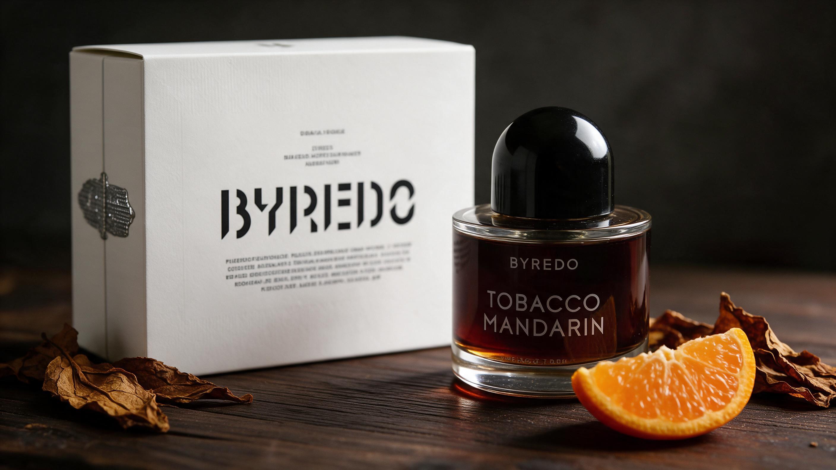 Elegant minimalist glass perfume bottle with a warm amber-brown cap, soft studio lighting, placed on a dark wood surface