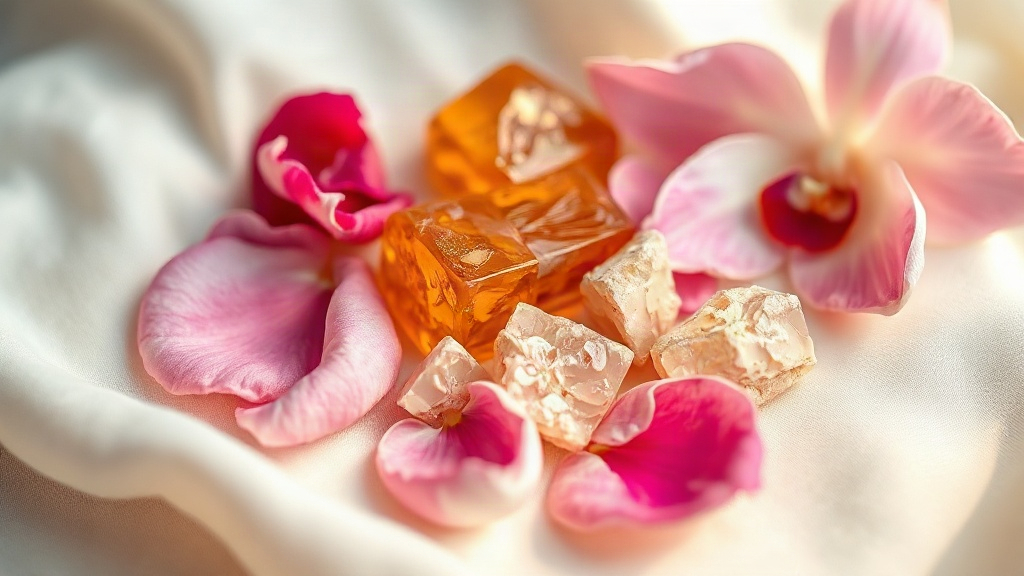 Close-up still life of perfume raw ingredients: soft pink rose petals, amber resin chunks, pale musk crystals, and dried