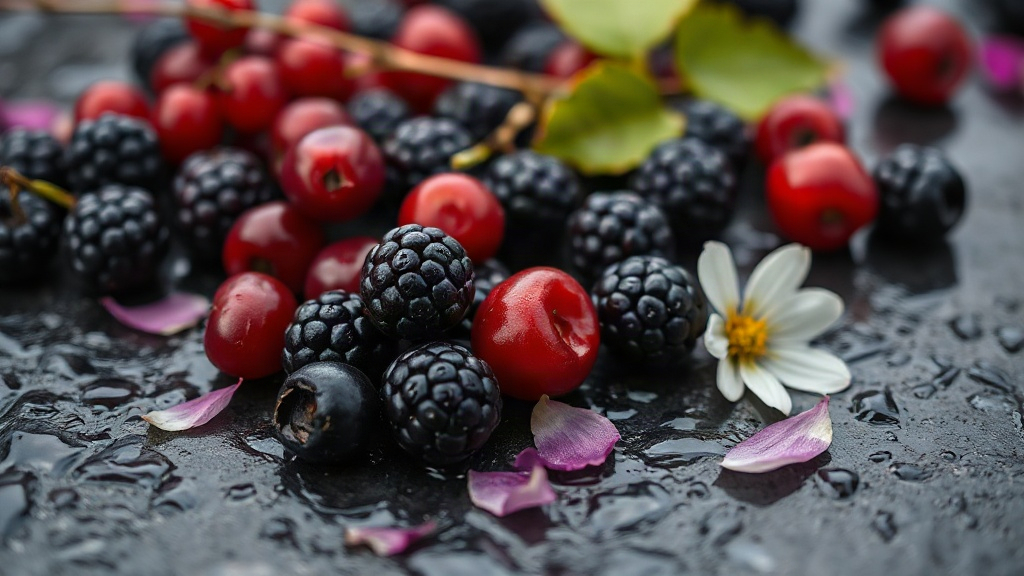 close-up macro photo of ripe blackberries, red currants and dark plums scattered on dark wet stone surface, a few jasmin