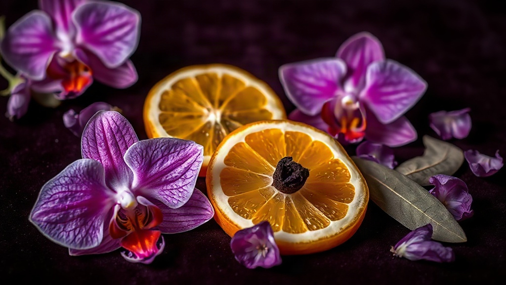 Close-up macro photograph of purple orchid petals, fresh citrus orange slices, acacia blossoms and patchouli leaves arra