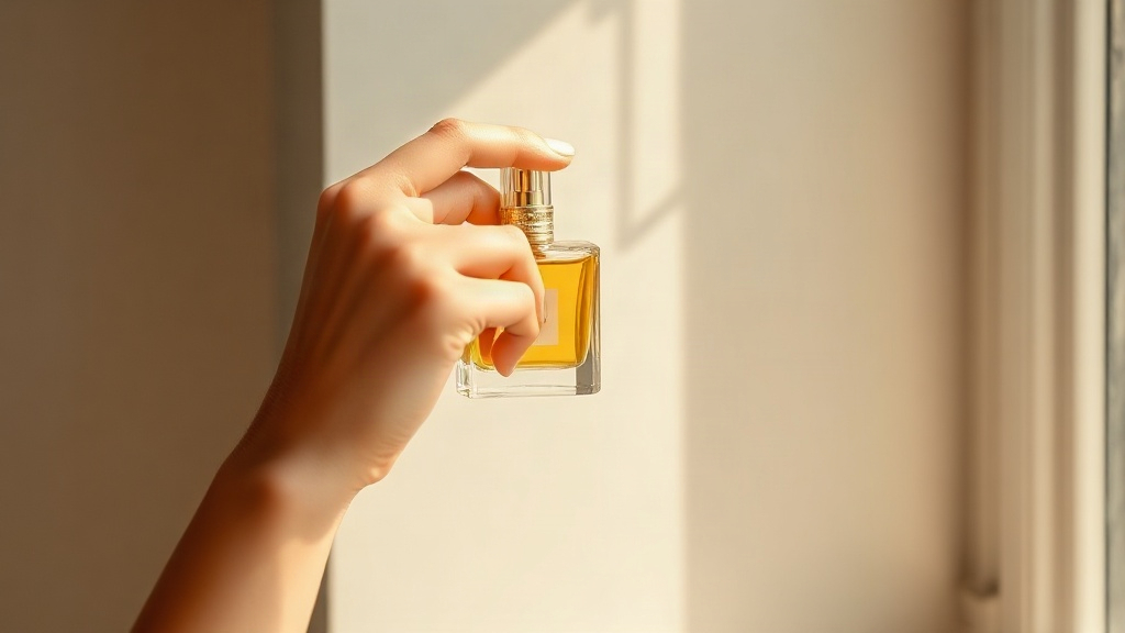 A woman's wrist and hand delicately spritzing perfume, soft natural window light, blurred neutral background, elega