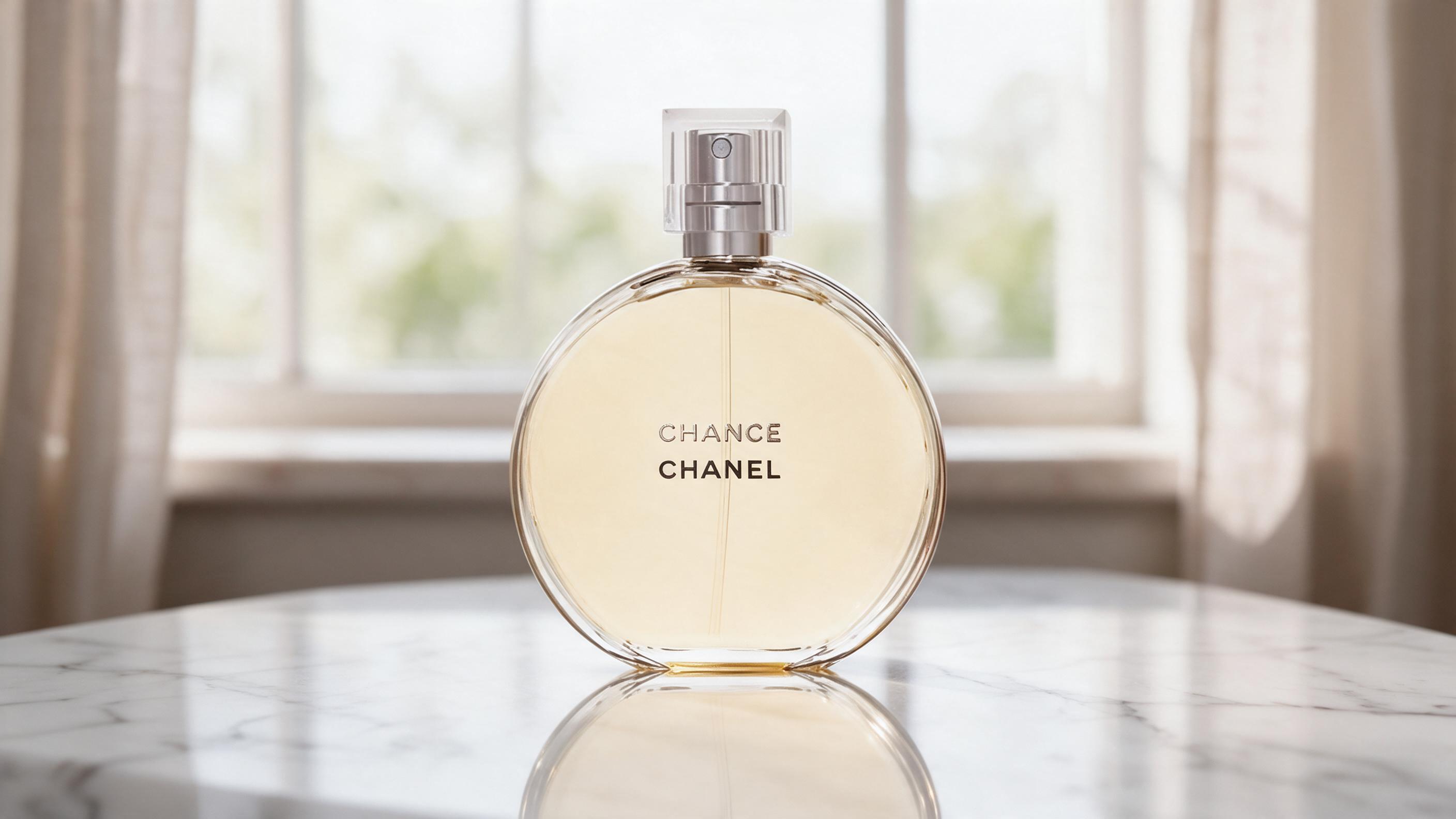Professional product photography of an elegant glass perfume bottle with soft pink-toned juice and a round gold cap, sta