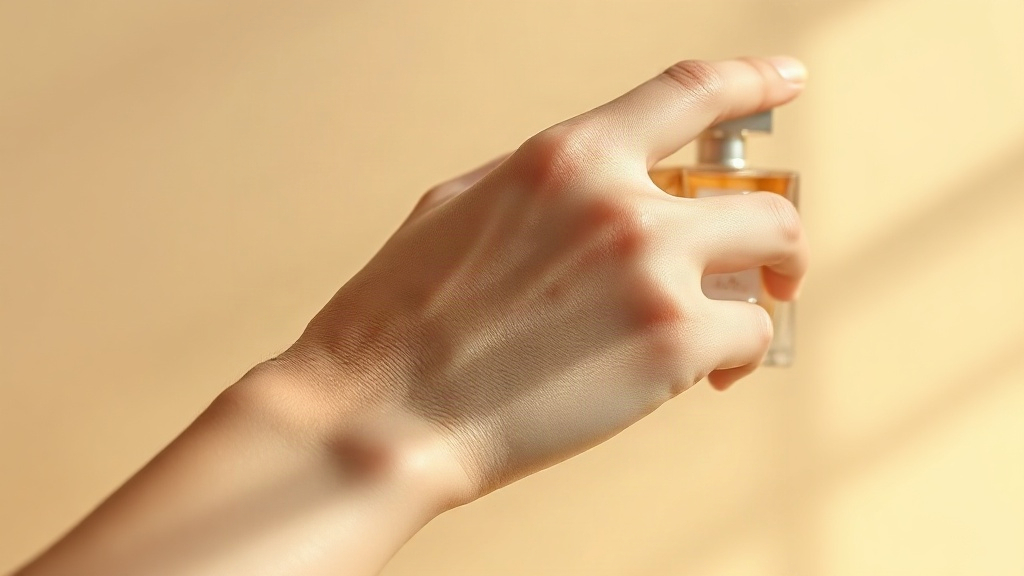 Close-up photography of a woman's wrist and hand gently applying perfume, soft natural daylight, delicate skin text