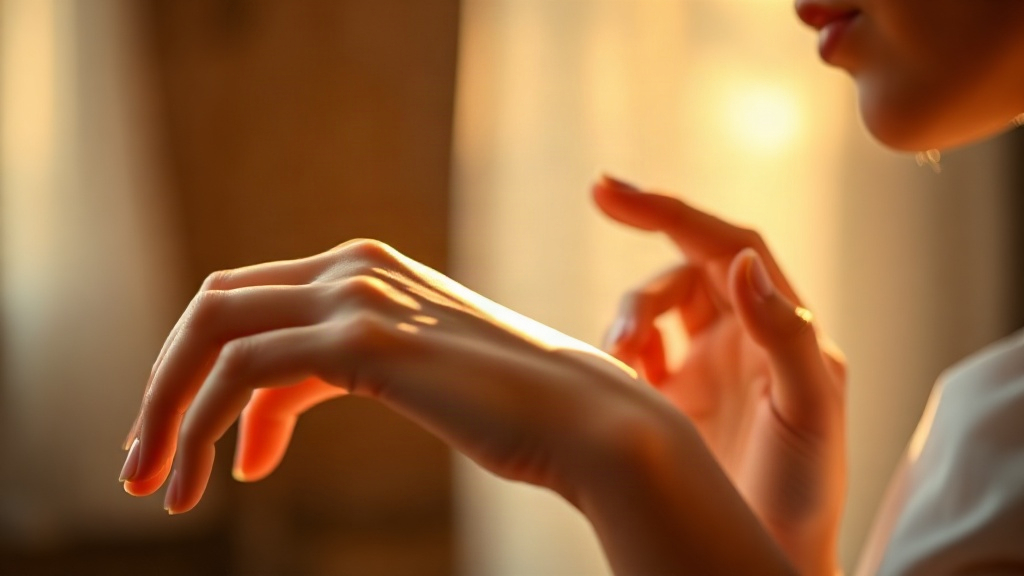 close-up photograph of a woman's wrist and hand gently touching, soft golden hour light, elegant gesture of applyin