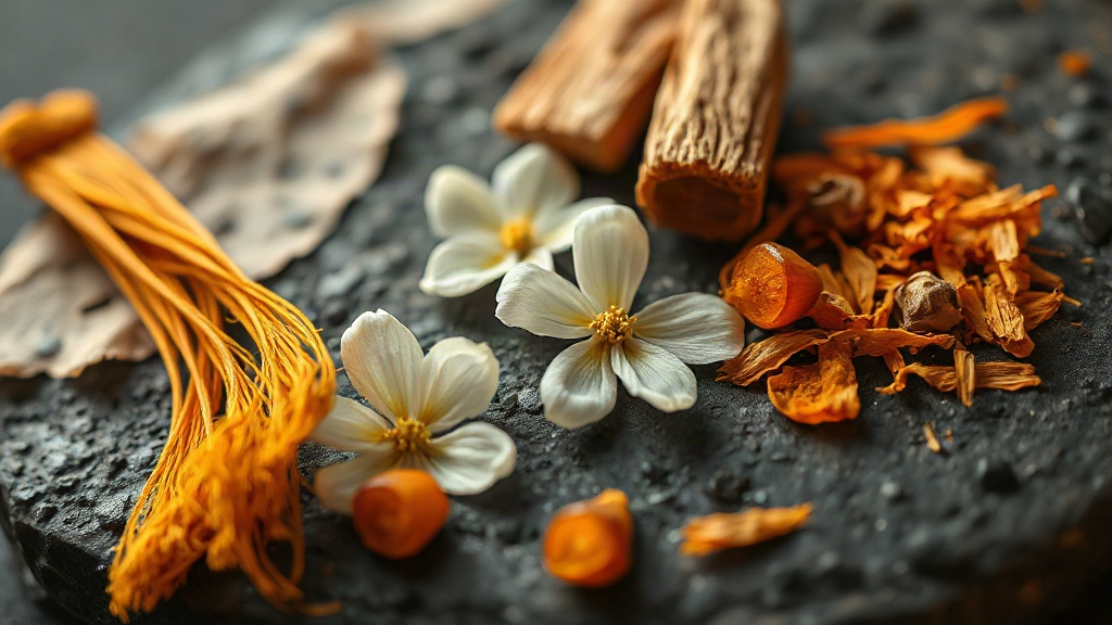 Macro still life photography of raw perfumery ingredients arranged on dark stone, dried saffron threads, fresh jasmine b