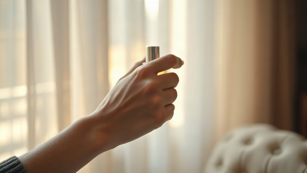 a woman's wrist and hand gently applying perfume, soft natural window light, delicate skin texture, blurred cozy in