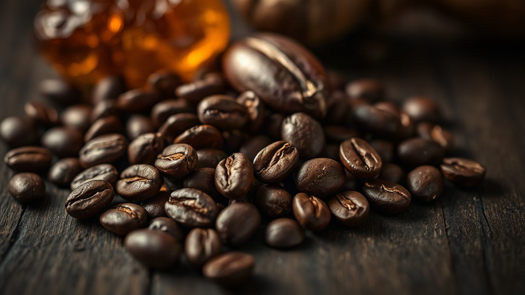 close-up of cocoa beans, roasted coffee beans and dark amber resin arranged on a dark wooden surface, warm dramatic side