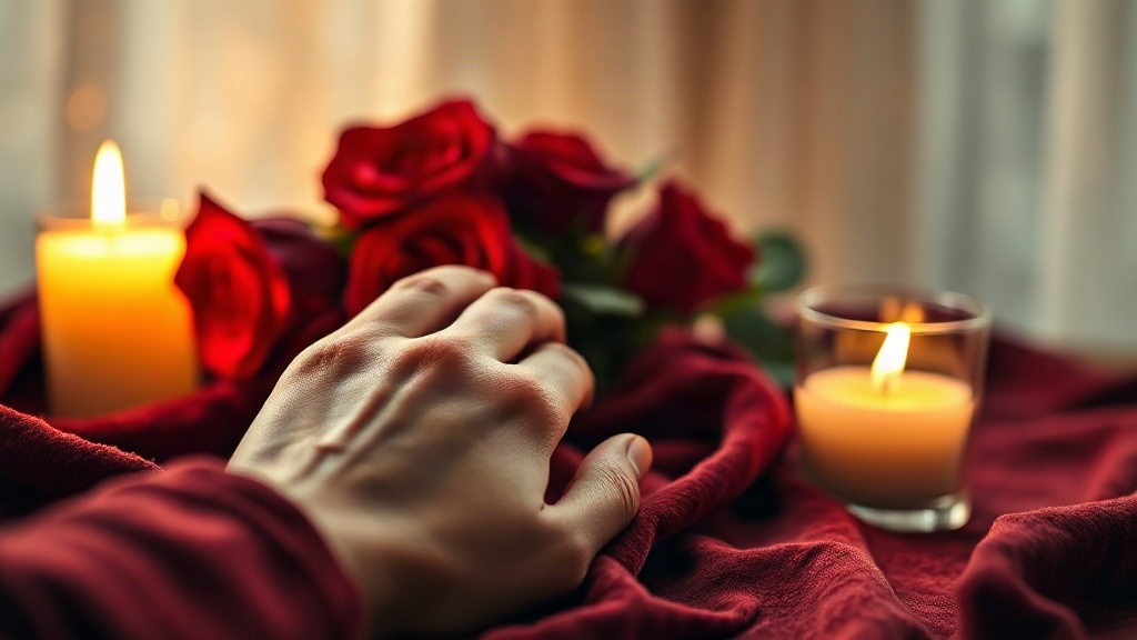 a hand gently resting on dark burgundy velvet fabric near a lit candle and a small bouquet of red roses, warm golden eve