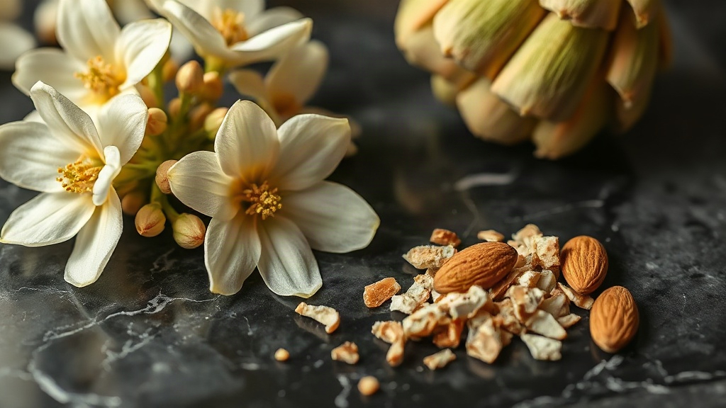 close-up macro photograph of fresh white jasmine blossoms, artichoke flower buds, and a small scattered pile of raw almo