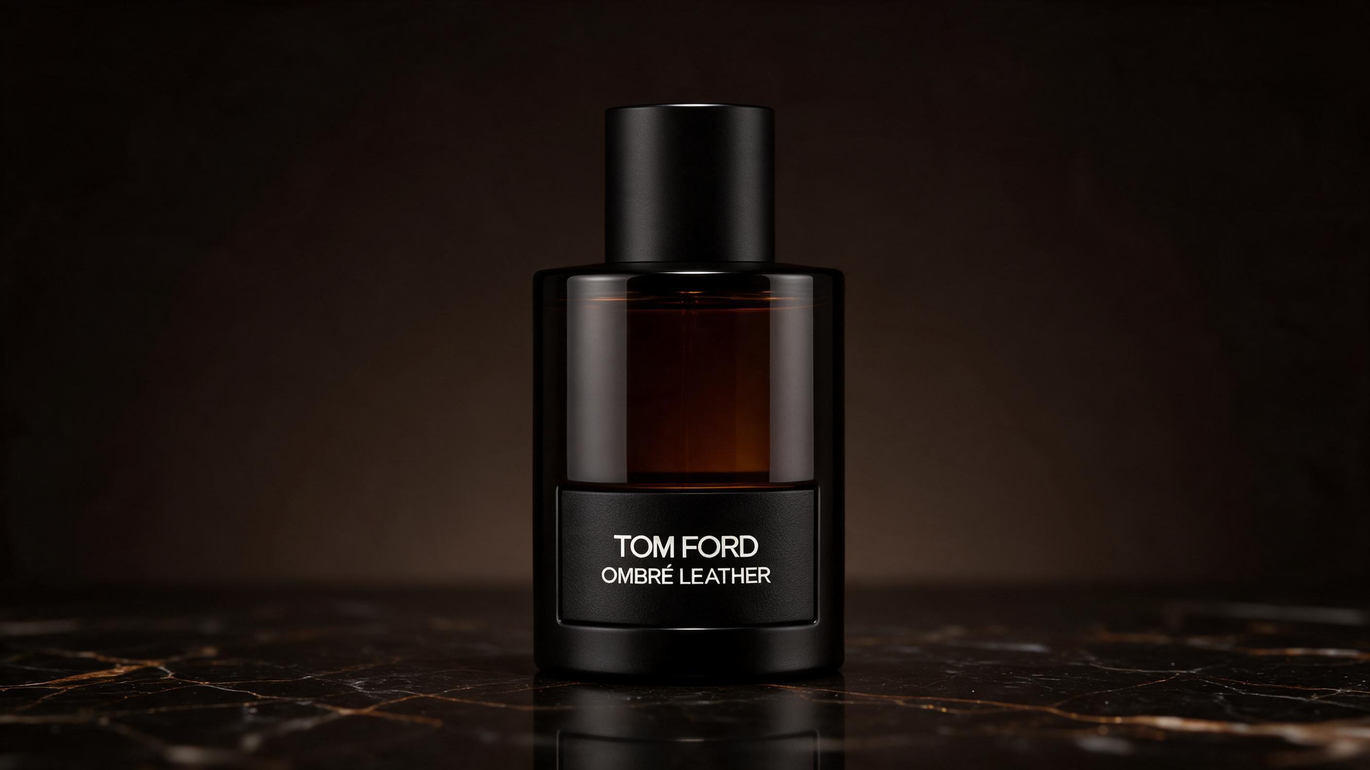 Elegant photograph of a luxury rectangular perfume bottle with dark amber liquid and a black cap, standing on a polished