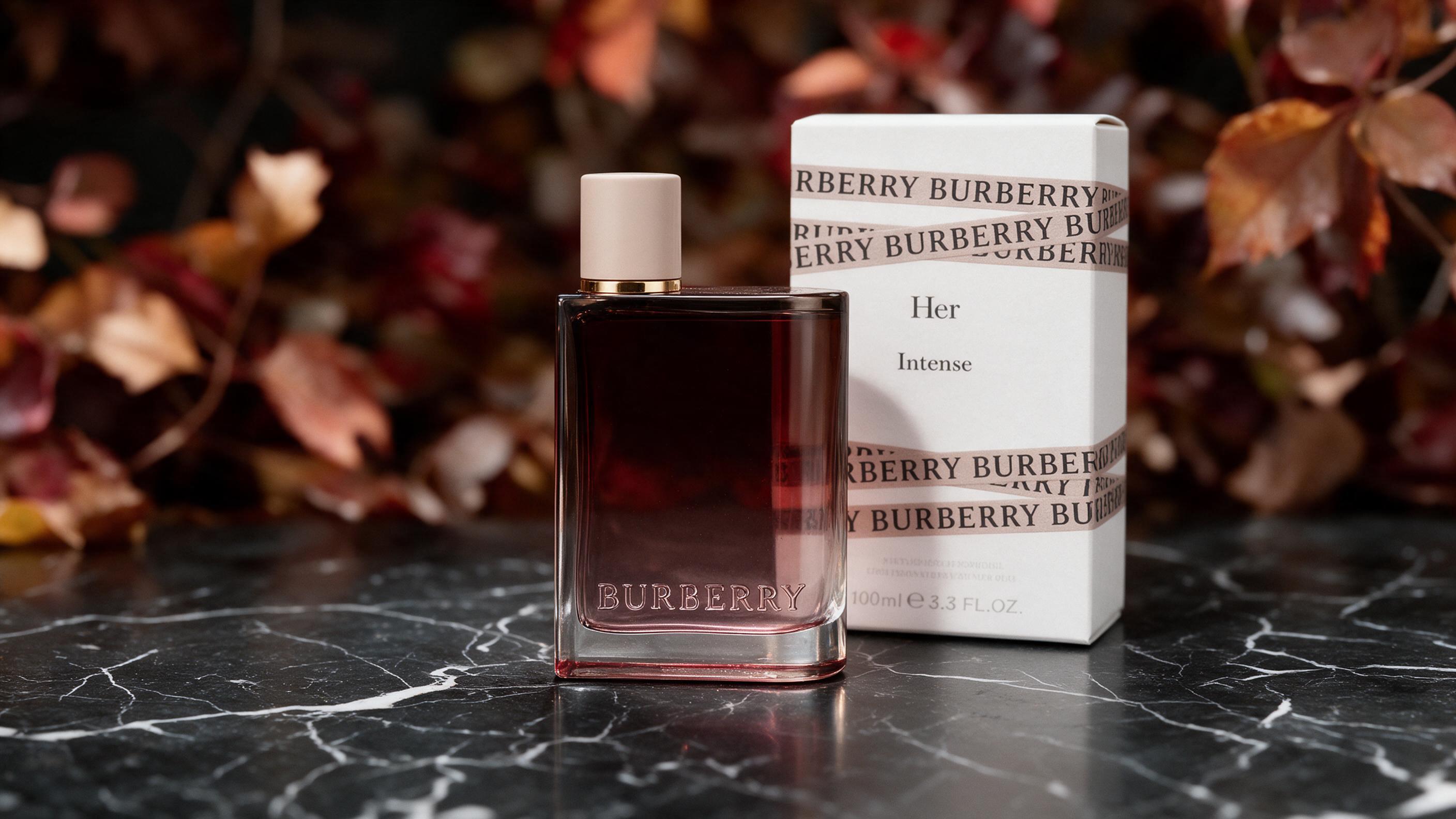 elegant studio product photo of a Burberry Her Intense eau de parfum bottle on a dark marble surface, soft diffused ligh