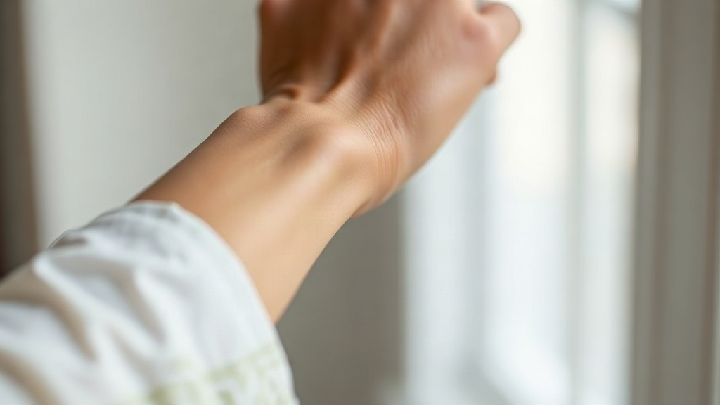 close-up of a woman's wrist and hand, delicate fingers lightly touching the inner wrist after applying perfume, sof