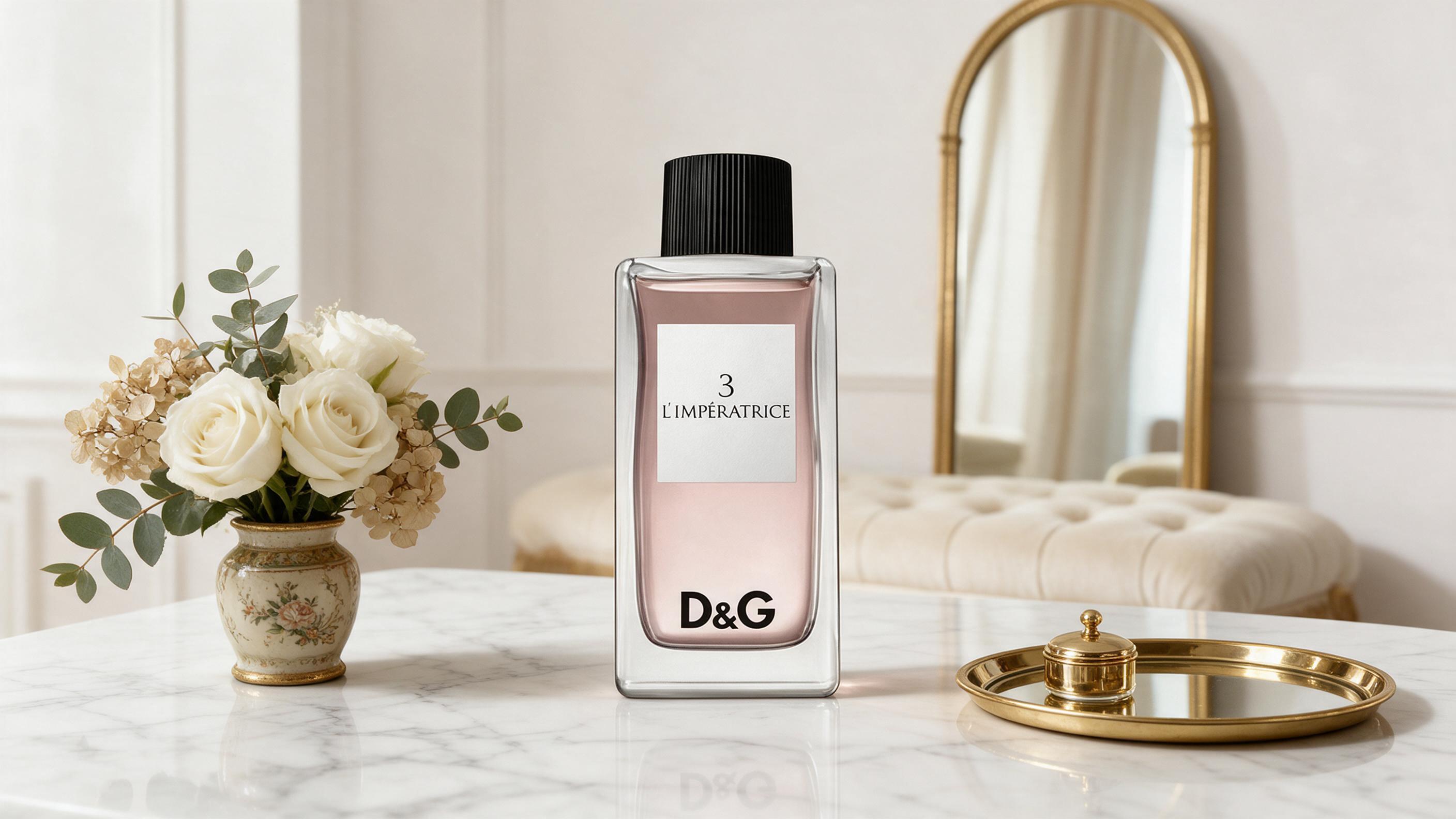 elegant feminine perfume bottle on a marble vanity table, soft studio lighting, cream and gold color palette, luxury fra