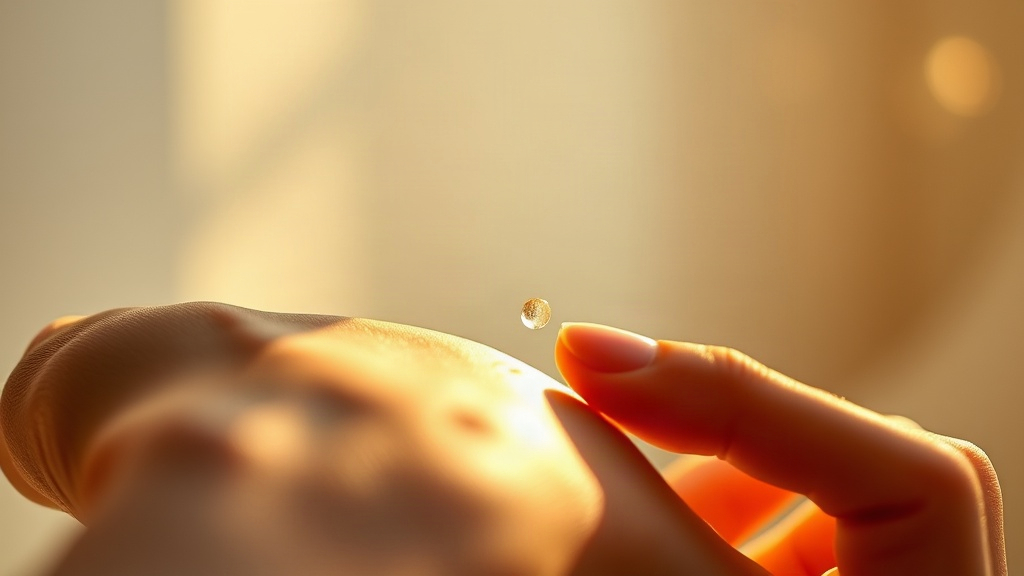 close-up of a hand gently applying perfume to the wrist, soft droplet catching warm golden light, elegant skin texture, 