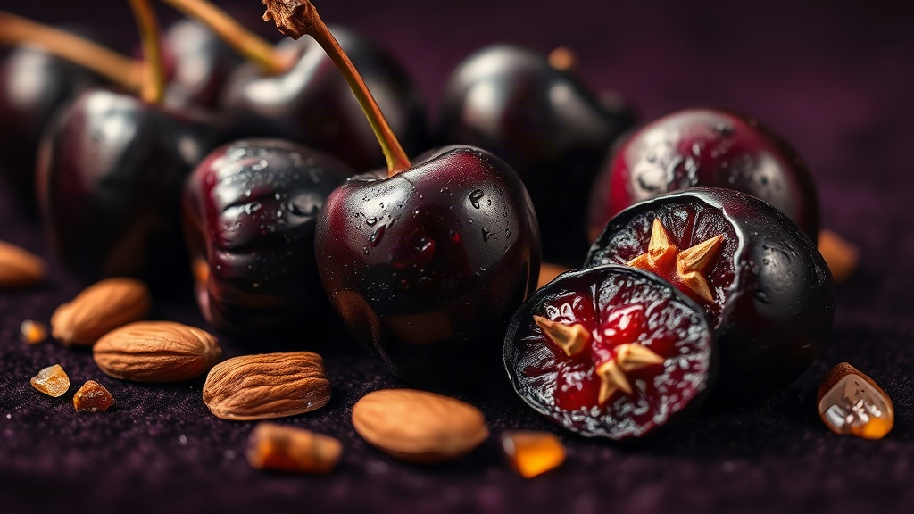 Close-up macro photography of dark ripe black cherries glistening with moisture, scattered bitter almonds and amber resi