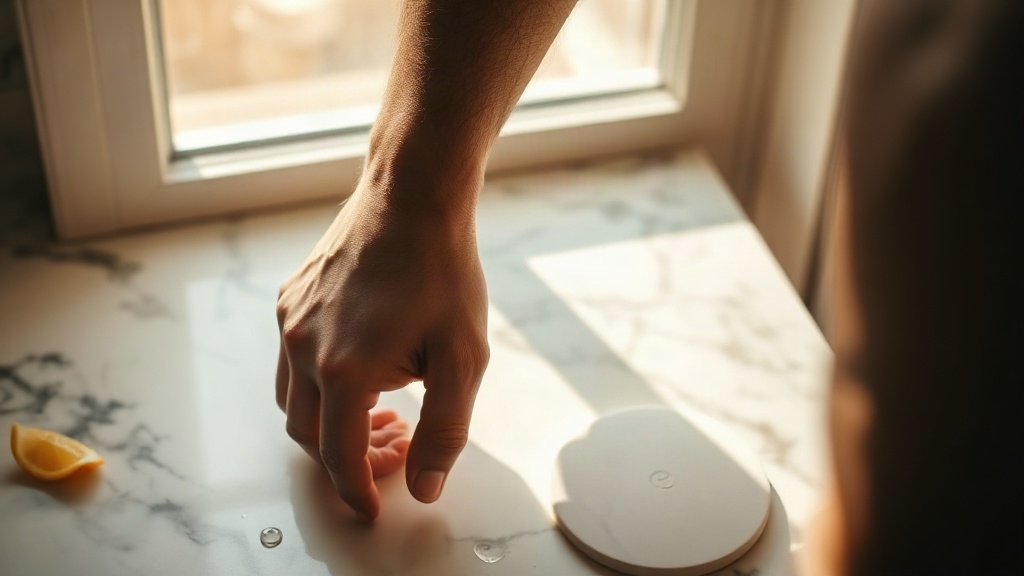 close-up photograph of a man's wrist and forearm in soft natural window light, skin texture visible, a few water dr