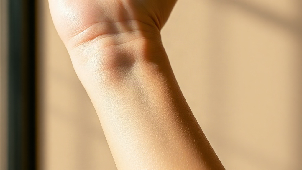Close-up photograph of a woman's wrist and hand, delicate fingers gently touching the inner wrist, soft natural lig