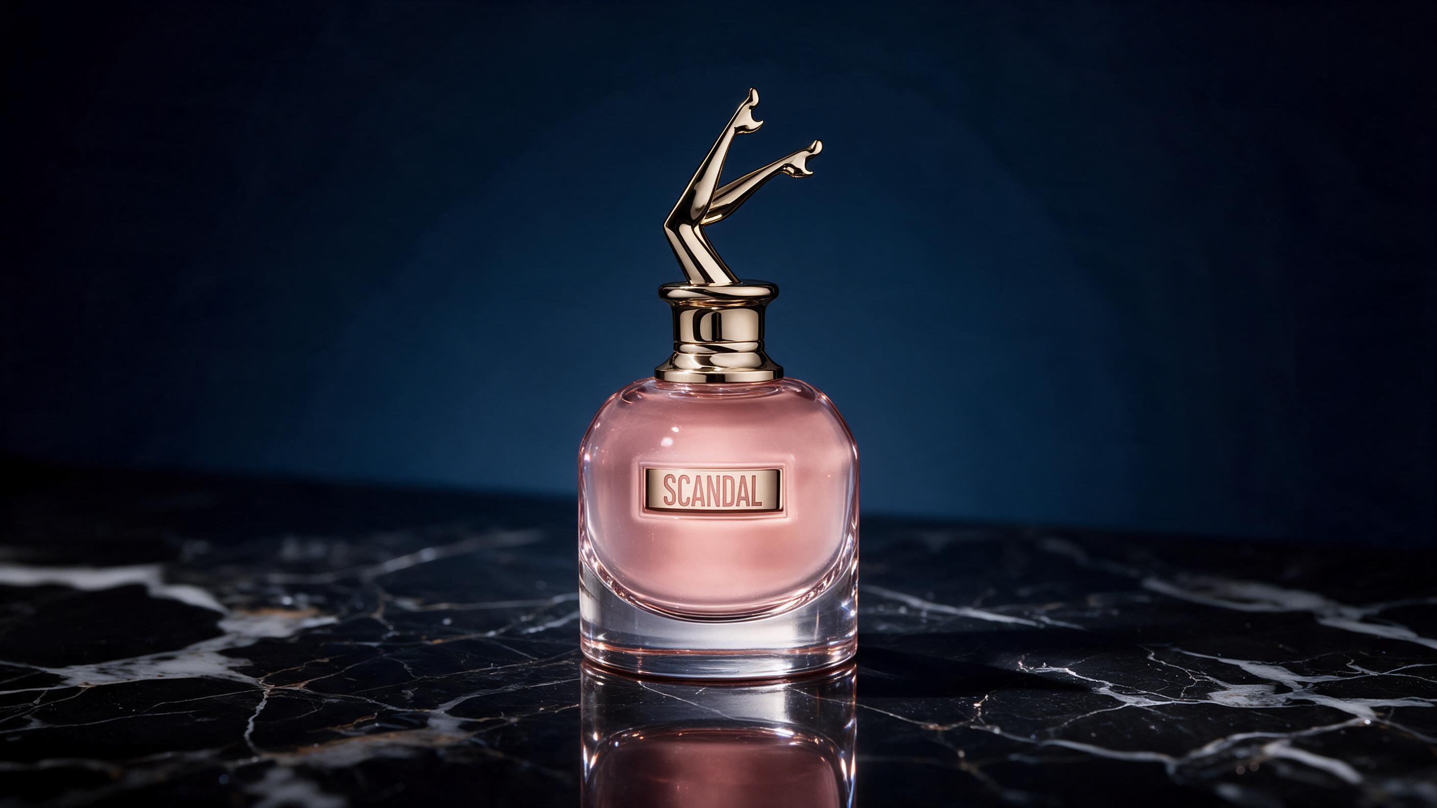 elegant studio photograph of a sculptural glass perfume bottle shaped like a corseted torso silhouette, golden metallic 