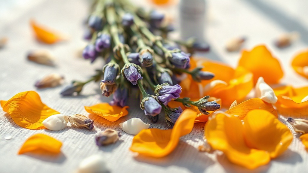 Close-up macro photograph of fresh lavender sprigs and orange blossom petals scattered together on a soft neutral linen