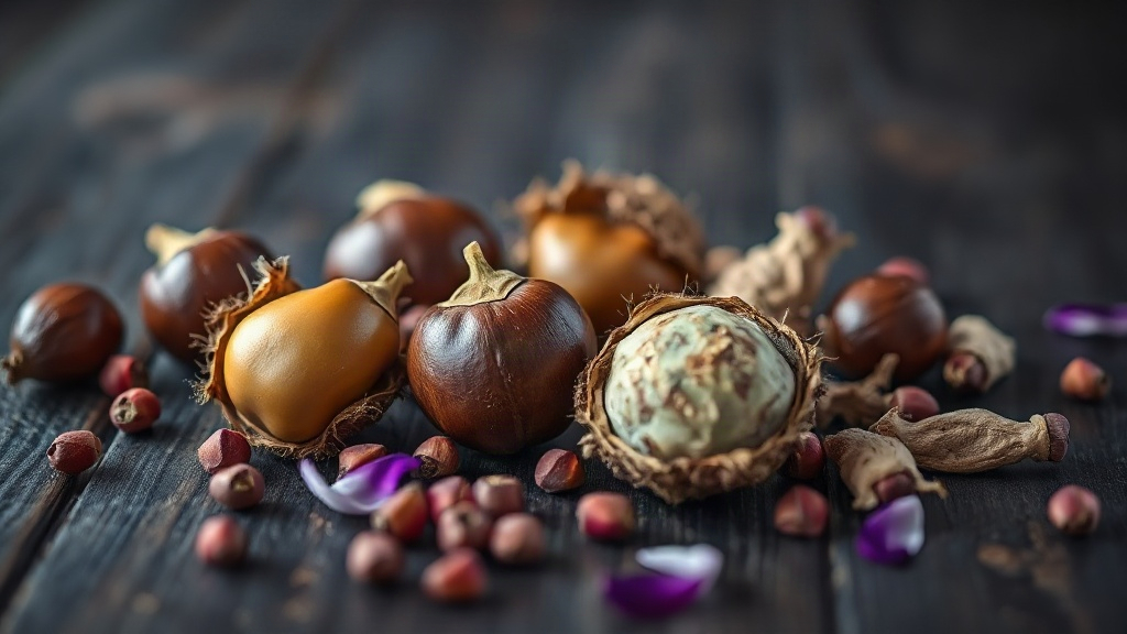 close-up macro photograph of raw perfumery ingredients arranged on a dark wooden surface, whole chestnuts, pink pepperco