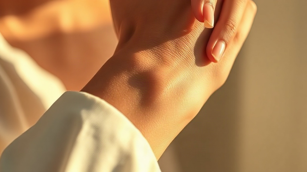 Close-up of a woman's wrist and hand, fingertips gently applying perfume to the inner wrist, soft golden light, del
