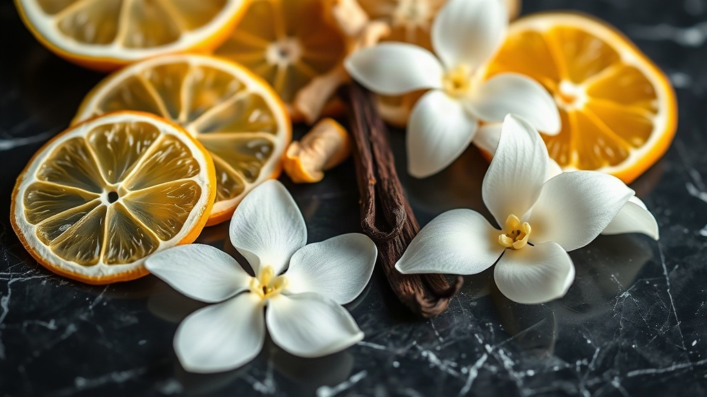 close-up macro photograph of fresh bergamot slices, mandarin peel, white jasmine petals, orange blossom and vanilla pods