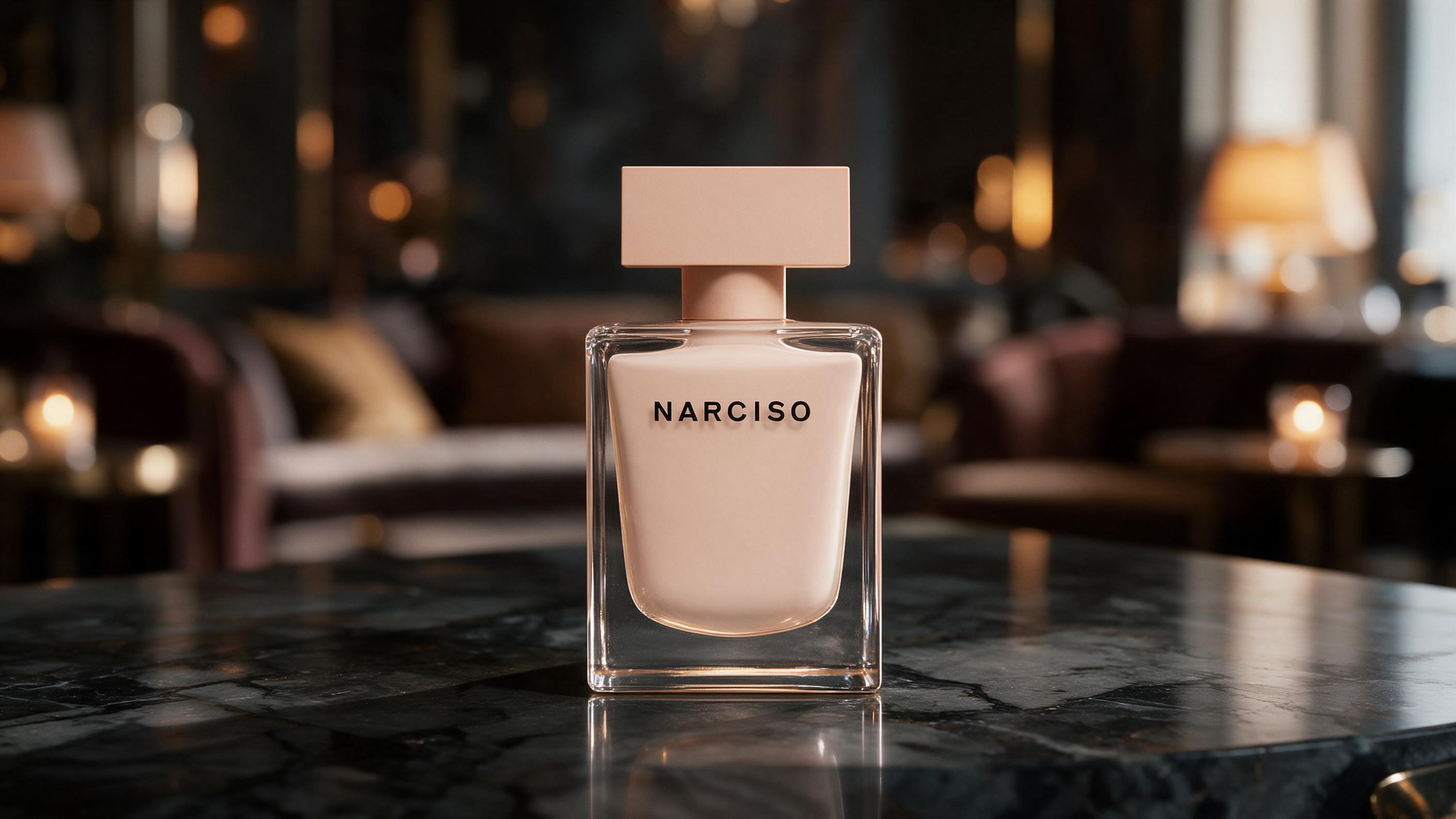elegant perfume bottle with minimalist rounded silhouette standing on a polished dark marble surface, soft rim lighting,