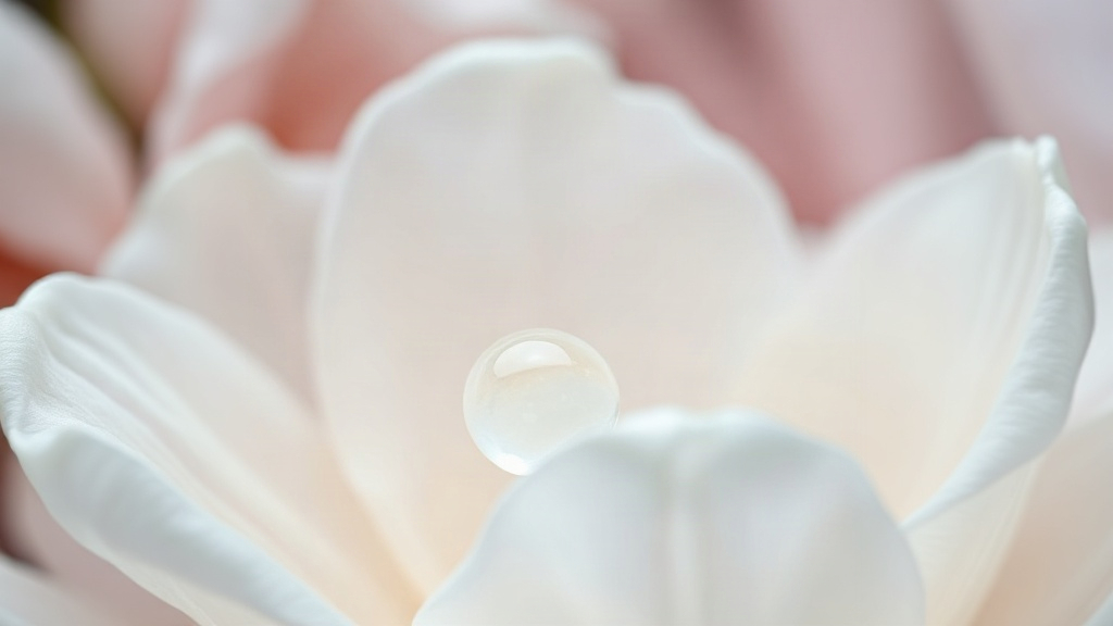 close-up macro shot of soft pearl droplets resting on delicate white flower petals, powdery pastel light, hints of pale
