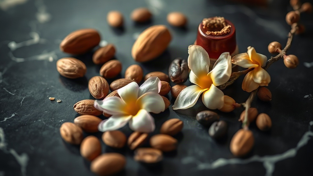 Close-up macro photograph of raw perfume ingredients arranged on dark marble surface: whole almonds, roasted coffee bean