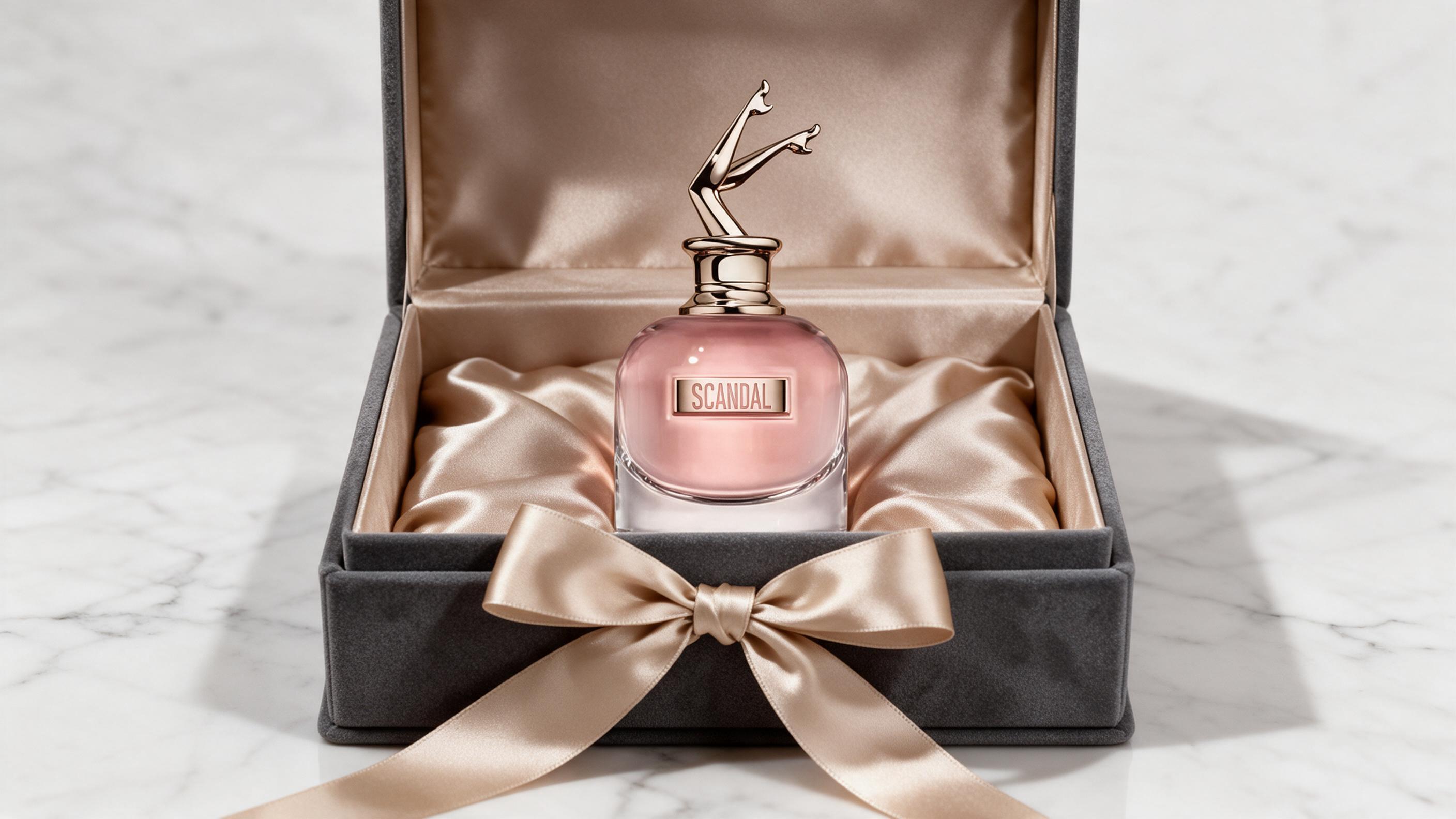 elegant women's perfume bottle photographed as a gift, placed inside an open luxury gift box with soft satin ribbon