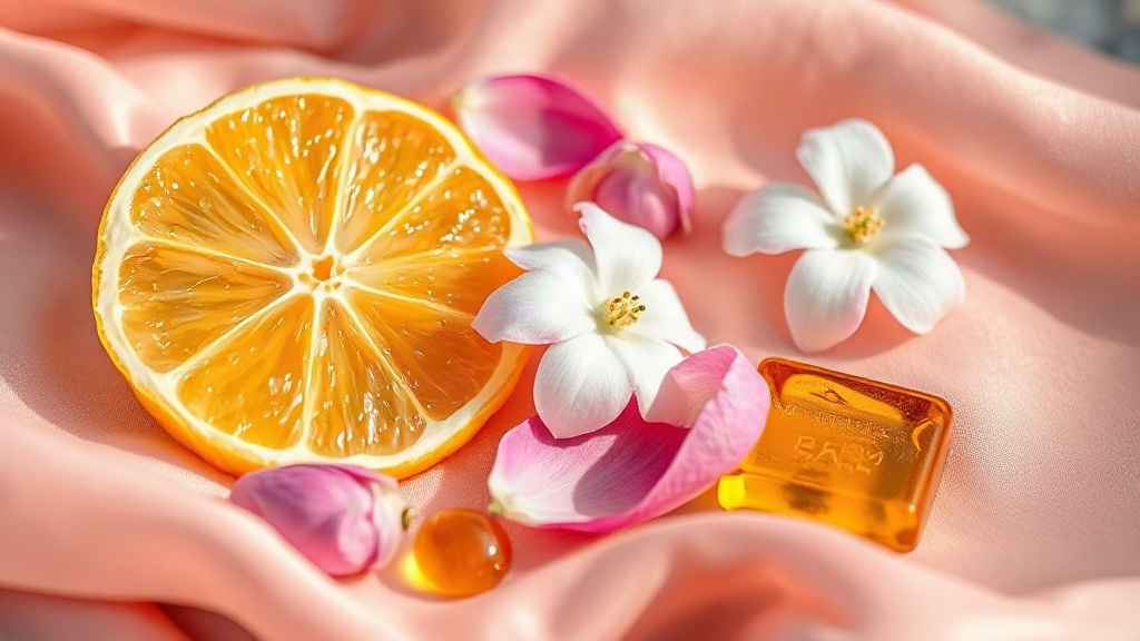 Close-up still life of fresh bergamot citrus slices, pink jasmine petals, white flower buds and amber resin droplets arr