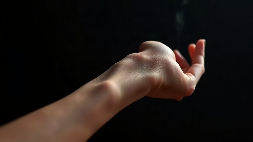 close-up photograph of a woman's wrist and hand against a dark elegant background, fingertips gently touching the i