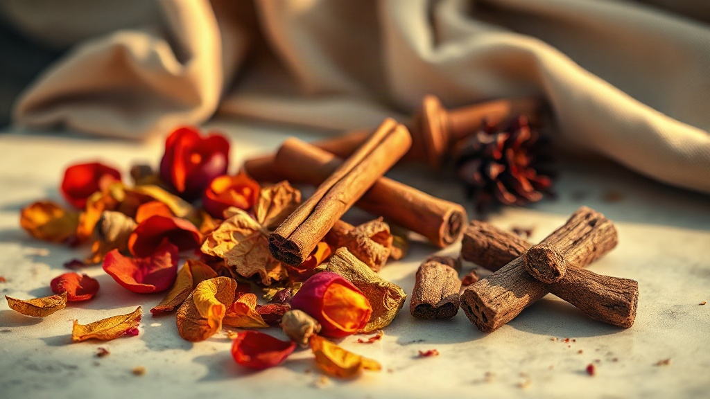 Warm autumn-toned still life on a marble surface, dried rose petals, cinnamon sticks, patchouli leaves and small chunks