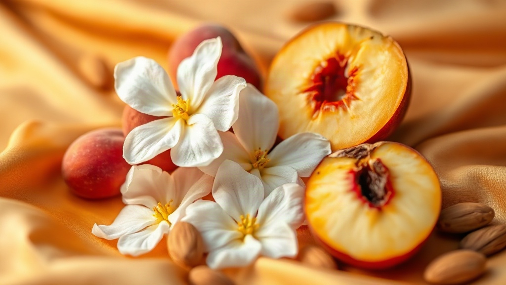 Close-up still life of fresh jasmine sambac blossoms, ripe peach halves, and toasted almonds arranged on warm amber silk