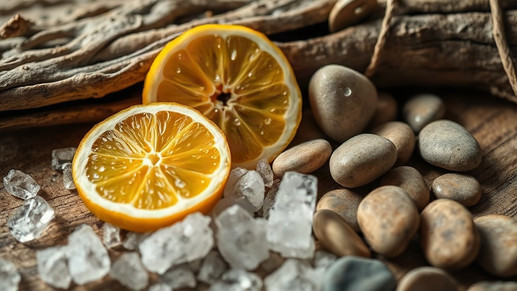 close-up macro photograph of fresh bergamot citrus slices, sea salt crystals, and smooth ocean pebbles arranged on wet w