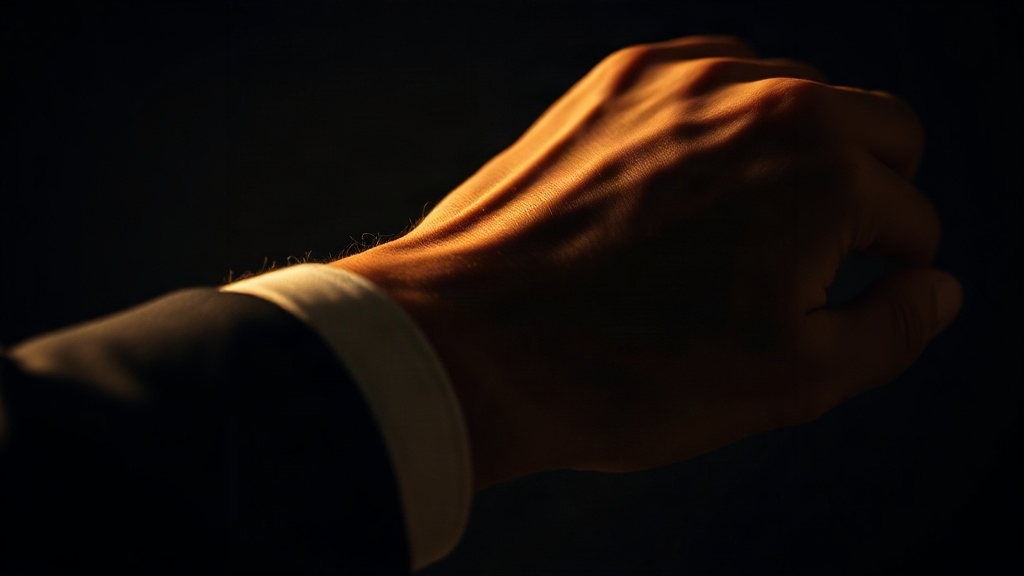 close-up photo of a man's wrist and hand, warm evening lighting, dark moody background, elegant masculine mood, cin