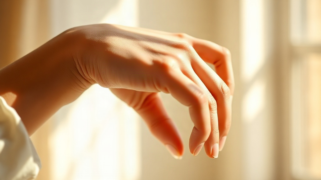 Close-up of a woman's wrist and hand, soft natural window light, delicate gesture of applying fragrance, neutral be