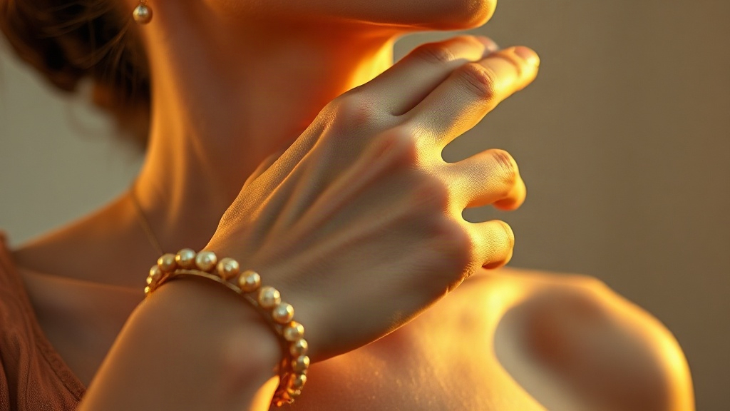 close-up photograph of a woman's wrist and hand reaching toward the base of the neck, soft golden hour lighting, el