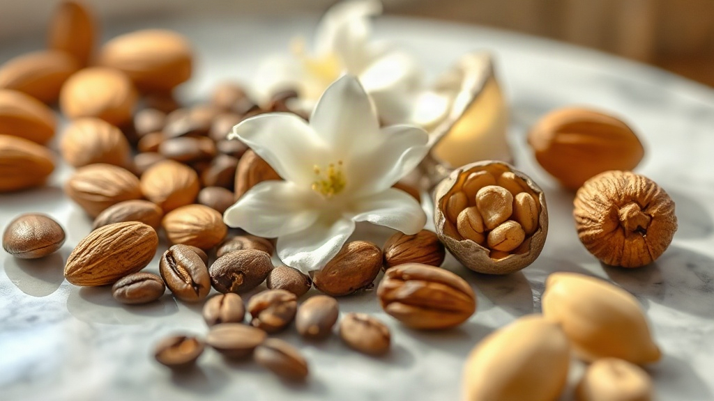 close-up macro photograph of raw perfume ingredients arranged on a marble surface: whole almonds, roasted coffee beans, 