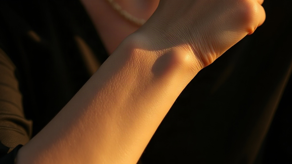 close-up photograph of a woman's wrist and hand elegantly raised, delicate skin texture, soft golden hour lighting,