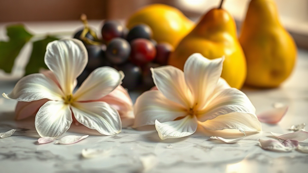 soft-focus macro photograph of fresh jasmine blossoms, iris petals, a few dark grapes and ripe pears arranged on a marbl