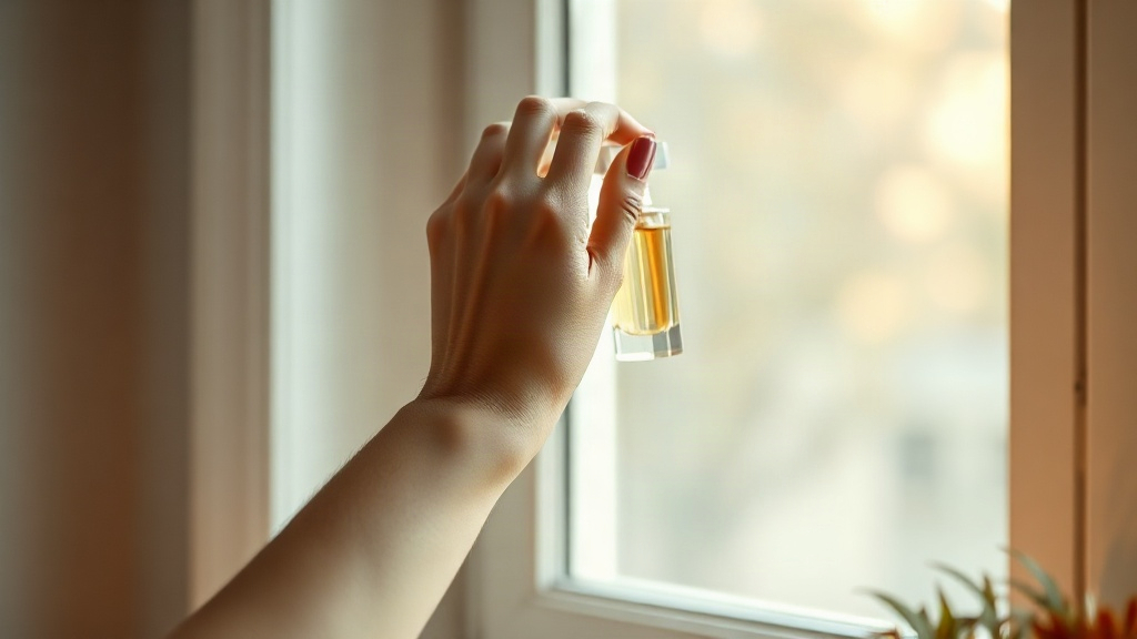 A woman's wrist and forearm in soft natural window light, delicate hand gesture applying perfume, elegant skin text
