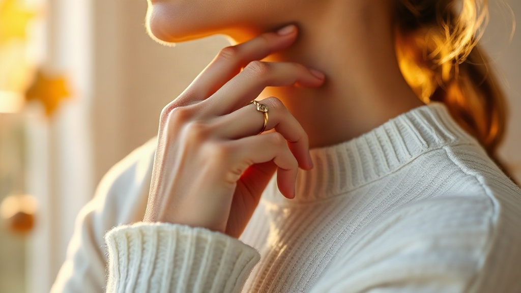 a wrist and hand gently touching the side of the neck in a perfume application gesture, soft warm lighting, cozy autumn 