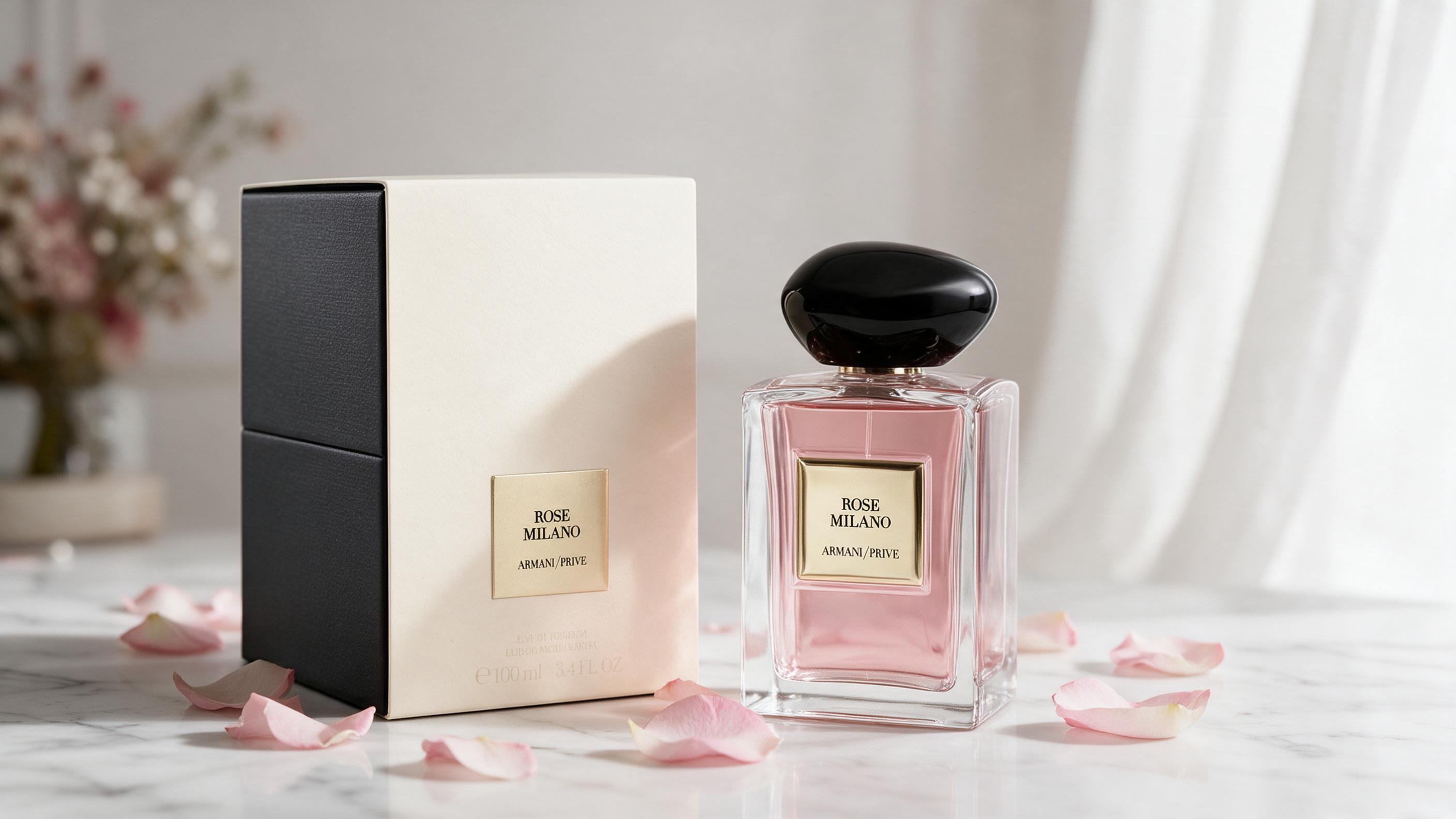 elegant perfume bottle with pink rose-toned liquid and gold accents, styled on a white marble surface with scattered fre
