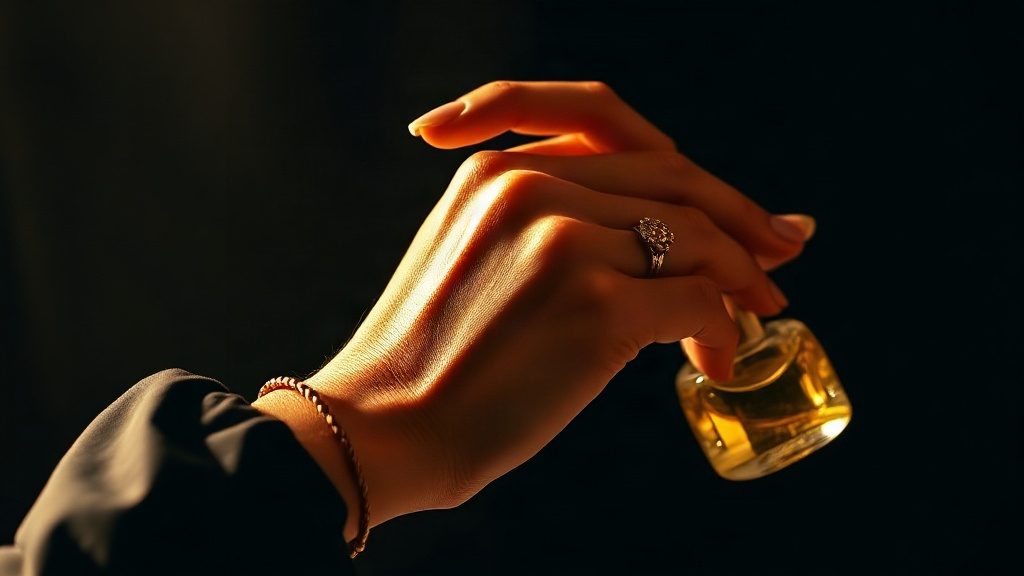 close-up of an elegant woman's wrist and hand with delicate fingers, gently applying perfume, soft golden light, da