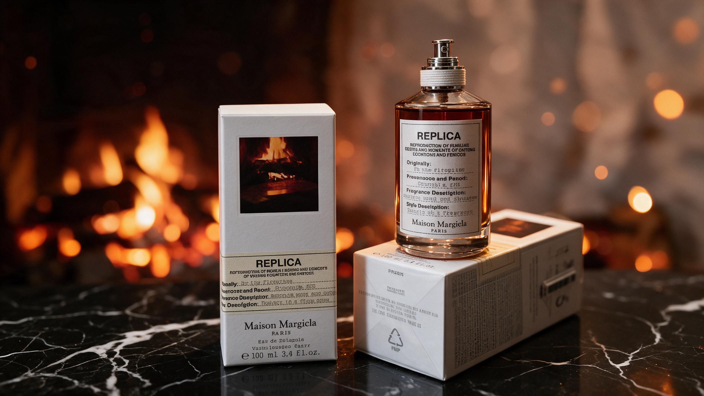 elegant amber-colored perfume bottle with a gold cap standing on a dark marble surface, warm fire-toned ambient lighting