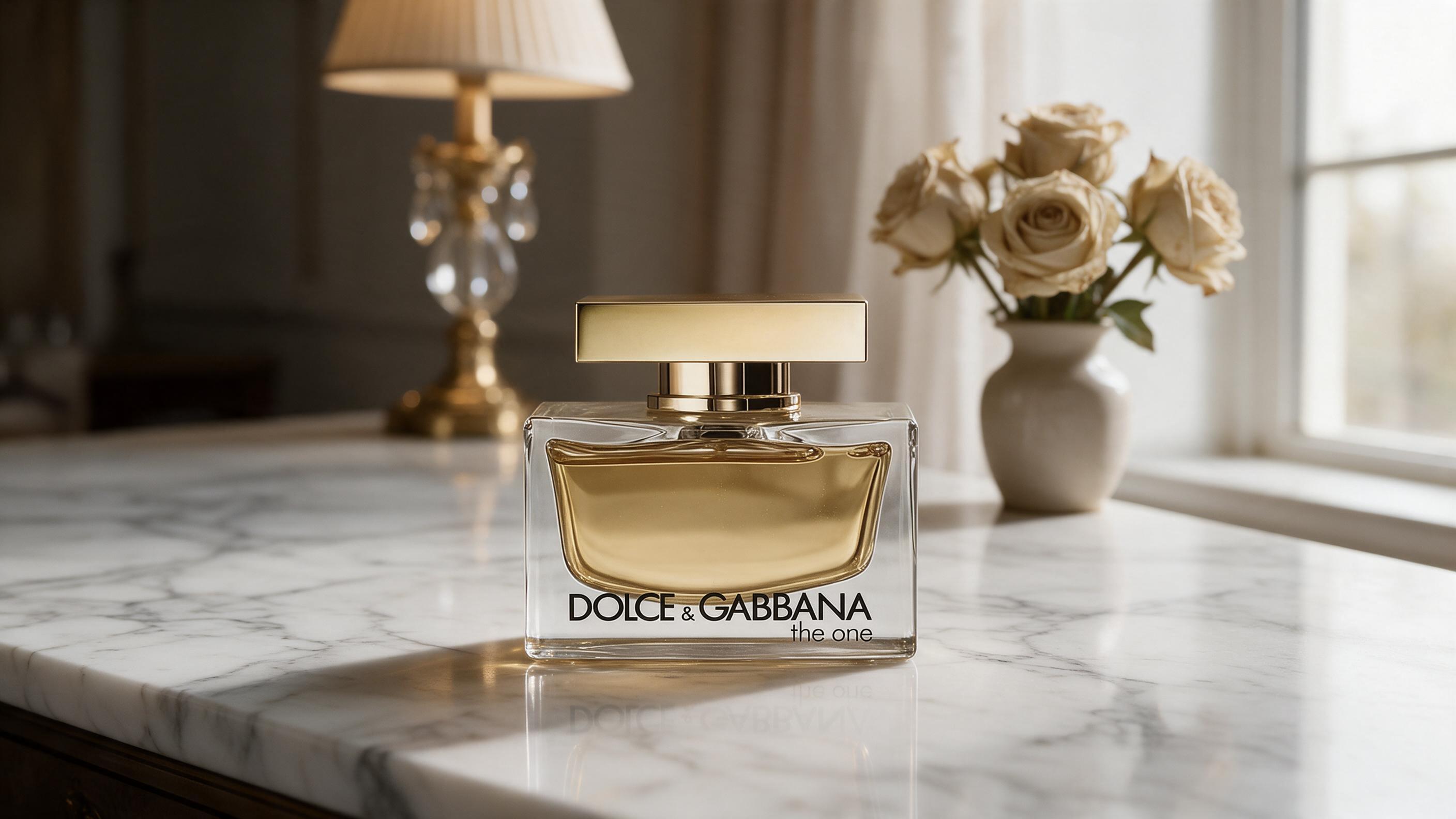 elegant perfume bottle of a warm amber-colored eau de parfum standing on a marble vanity, golden cap, soft studio lighti